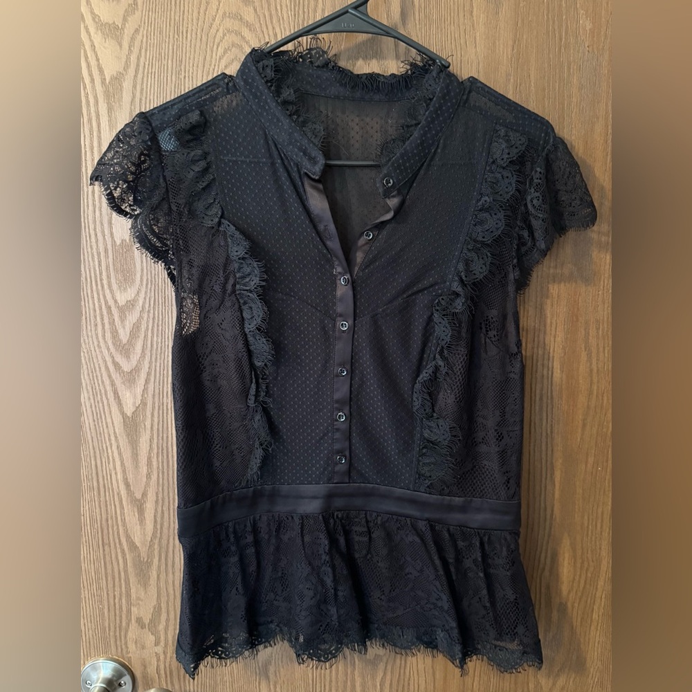 Bebe Black Sheer Polka Dot Blouse